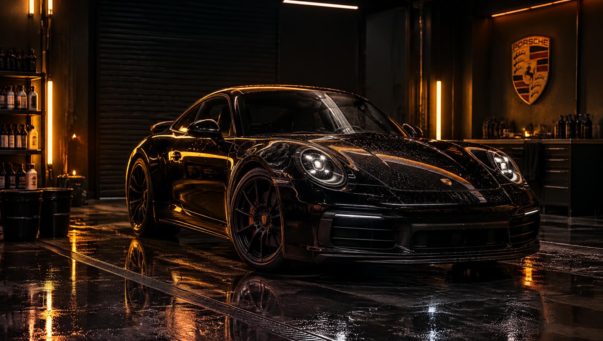 Black Porsche 911 under amber studio lights