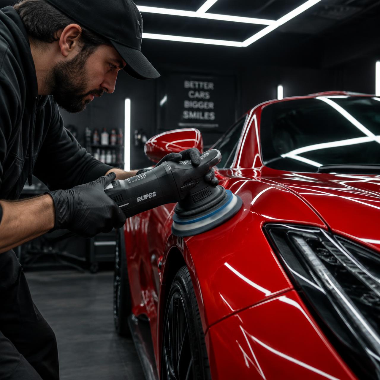 Detailer machine polishing a red sports car